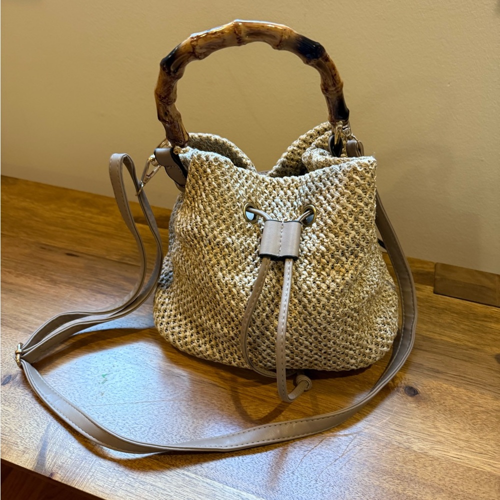 Tan Woven Bag with Bamboo Handle